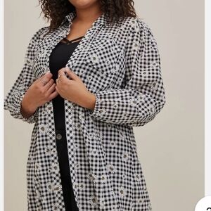 Torrid Plaid Kimono Duster Daisies Cotton Midi Dress Black/White 1X Boho
